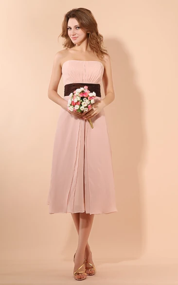 Strapless Tea-Length Chiffon Dress With Ruching Waist