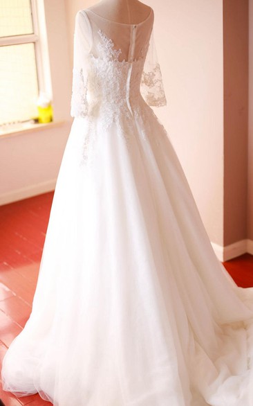 Organza A-Line 3-4 Sleeve Gown With Lace Appliques and Bateau Neck
