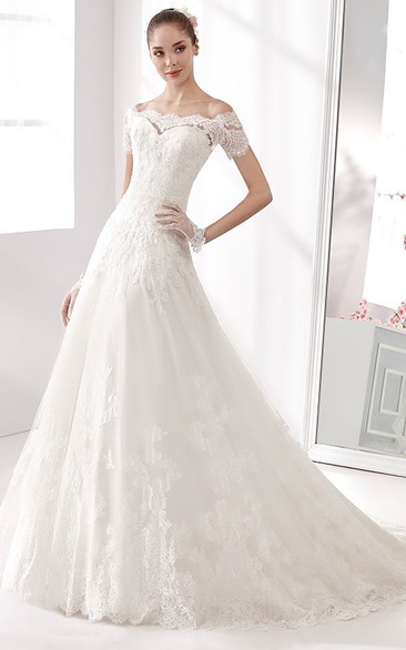 Off-shoulder A-line Wedding Dress with T-shirt Sleeves and Brush Train 