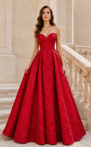 Red Strapless Satin Ball Gown with Sweetheart Neckline and Full Floor Skirt