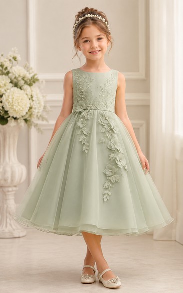 A-line Tea-length Sleeveless Tulle Lace Flower Girl Dress with Sage sleeveless tulle with tonal floral appliques