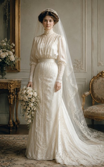 Vintage Vintage High Neck Lace Long Sleeve Wedding Dress