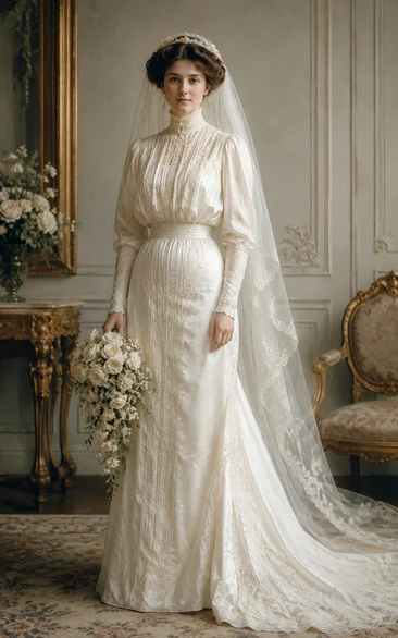 Vintage Vintage High Neck Lace Long Sleeve Wedding Dress