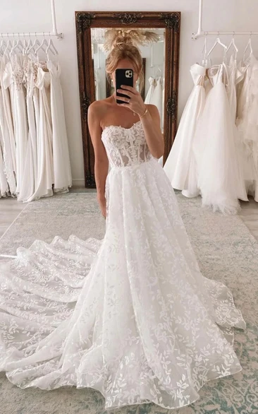 Lace Sweetheart Empire A-line Applique Beach Wedding Dress