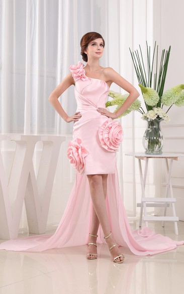 Floral Ruched Sleeveless Short Dress With Single Strap and Watteau Train