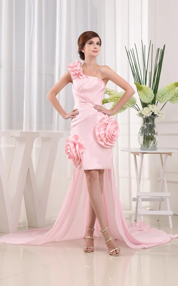 Floral Ruched Sleeveless Short Dress With Single Strap and Watteau Train