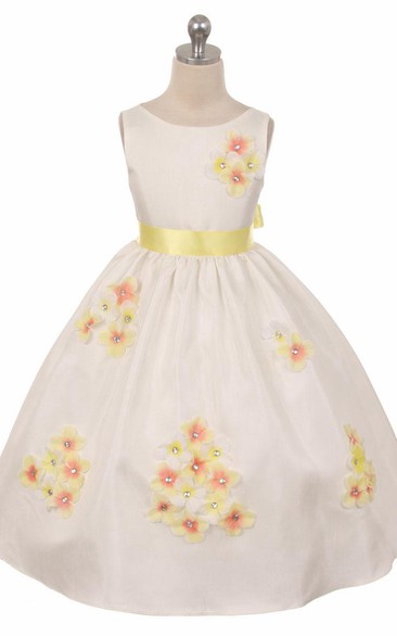 Tea-Length Floral Beaded Floral Flower Girl Dress With Sash