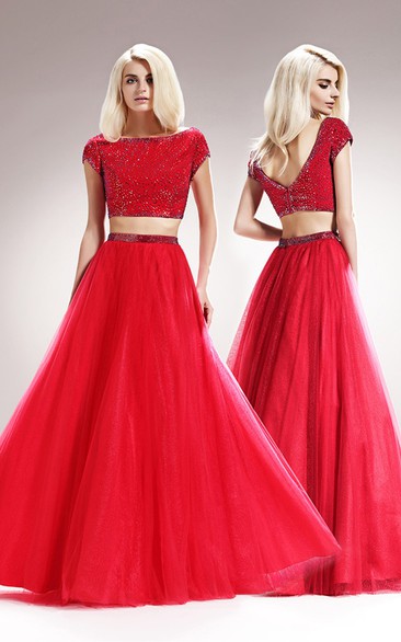 Two-Piece A-Line Bateau Short Sleeve Tulle Satin Low-V Back Dress With Beading
