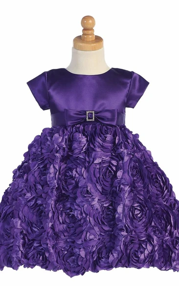 Floral Tea-Length Bowed Floral Satin Flower Girl Dress With Ribbon