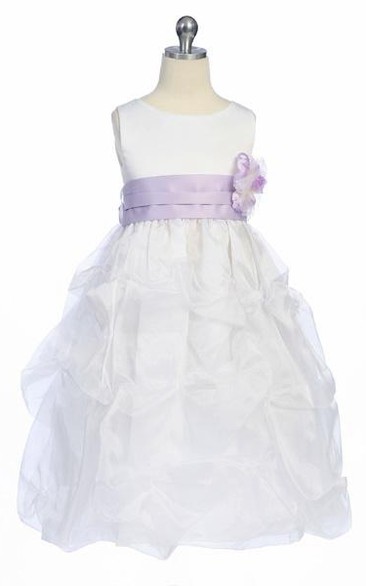 Tea-Length Ruched Organza&Satin Flower Girl Dress
