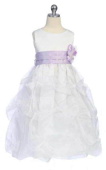 Tea-Length Ruched Organza&Satin Flower Girl Dress
