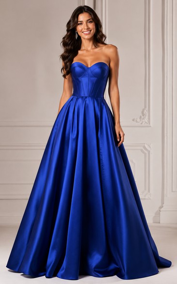 Satin Prom Dress in Royal Blue, Strapless, Sweetheart Ball Gown Floor-Length Gown with Pleats