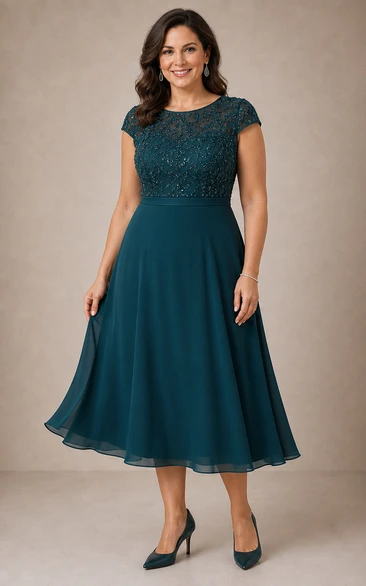 Peacock Lace Bodice Chiffon Tea-Length Dress