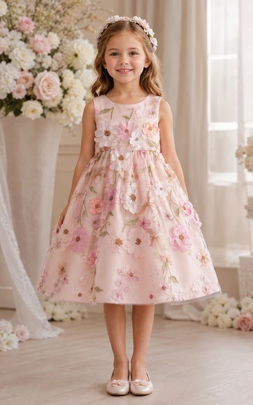 Blushing Pink Tea-Length A-Line Satin Flower Girl Dress with Floral Details