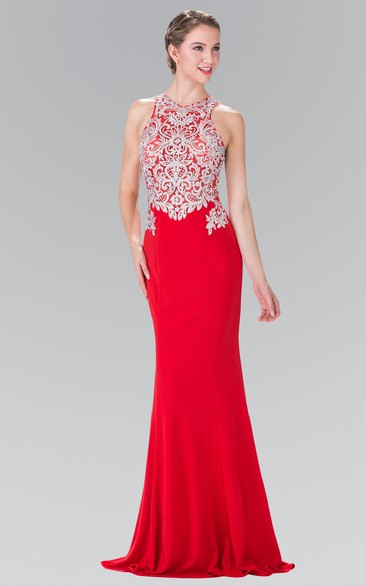 Sheath Maxi Jewel-Neck Sleeveless Jersey Illusion Dress With Beading And Appliques
