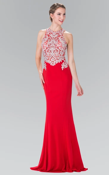 Sheath Maxi Jewel-Neck Sleeveless Jersey Illusion Dress With Beading And Appliques