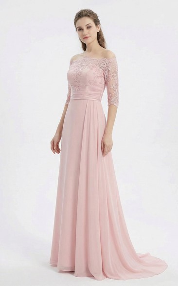 Off-Shoulder Chiffon Sheath Prom Dress with Appliques