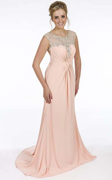 Sheath Maxi Sleeveless Beaded Scoop-Neck Chiffon Prom Dress With Draping