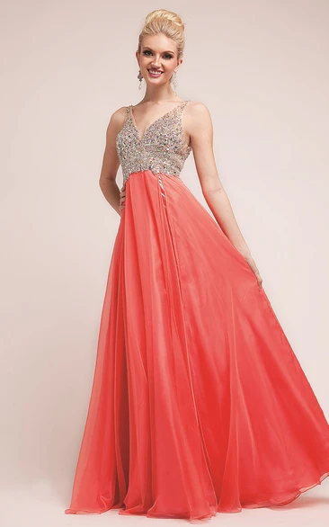 A-Line Long V-Neck Sleeveless Empire Deep-V Back Dress With Beading
