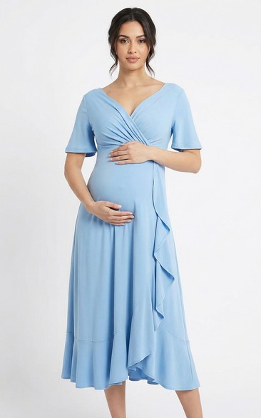Sky Blue Maternity Dress with V-Neck, Short Sleeves, Side Ruffle & Ankle-Length Skirt