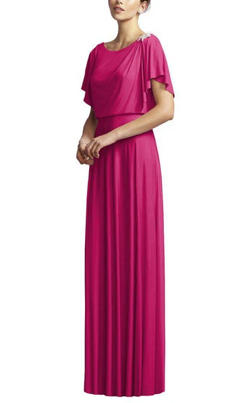 Short Sleeve Long Pink Bridesmaid Dress with Applique