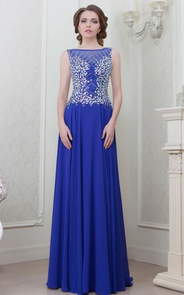 A-Line Sleeveless Long Crystal Bateau-Neck Chiffon Evening Dress With Pleats