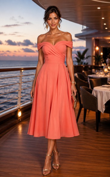Coral Off-the-shoulder Tea-Length A-Line Dress