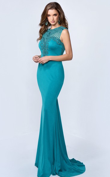Sheath Long Jewel-Neck Sleeveless Jersey Illusion Dress With Beading