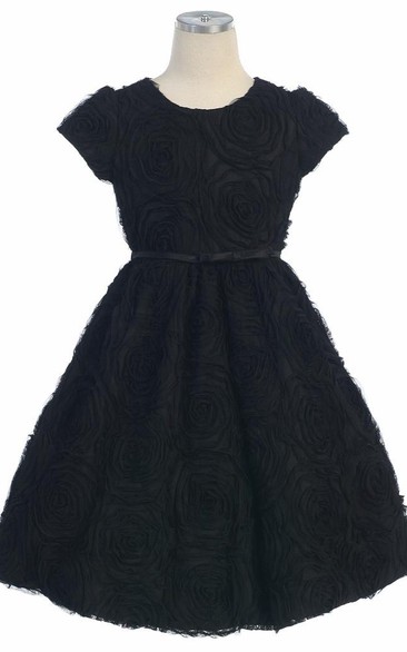 Floral Tea-Length Cap-Sleeve Bowed Flower Girl Dress With Embroidery