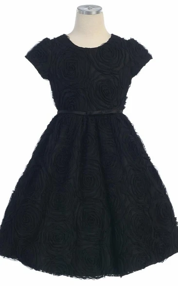 Floral Tea-Length Cap-Sleeve Bowed Flower Girl Dress With Embroidery