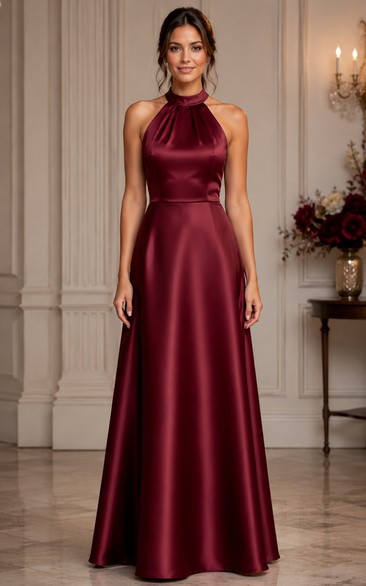 Burgundy Halter Satin A-Line Bridesmaid Dress