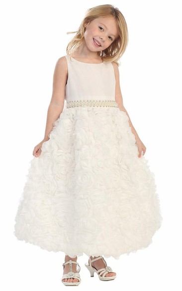 Tea-Length Beaded Floral Chiffon&Lace Flower Girl Dress With Sash