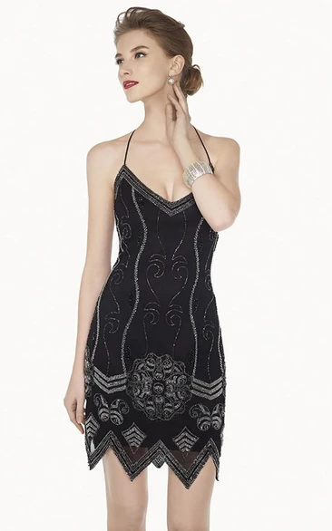 Sexy Spaghetti Straps Tulle Mini Prom Dress With Halter Neckline And Beadings