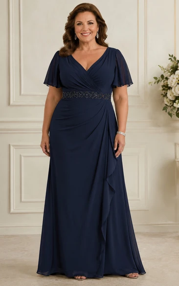 Plus Size A-Line V-Neck Short Sleeve Chiffon Mother Dress with Ruching