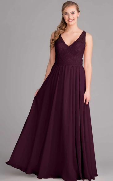 Maxi Lace V-Neck Sleeveless Chiffon Bridesmaid Dress With Bow And Keyhole