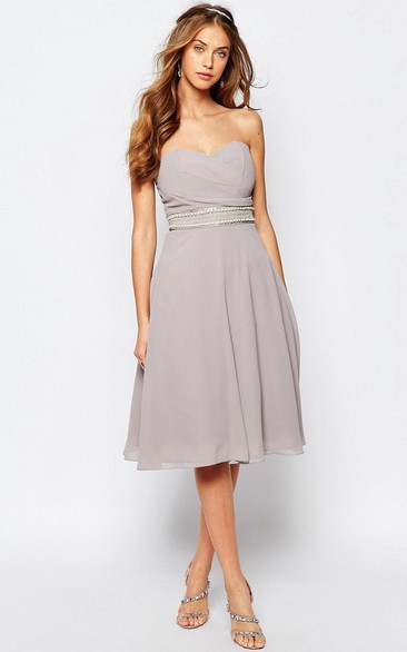 A-Line Sweetheart Jeweled Sleeveless Knee-Length Chiffon Bridesmaid Dress
