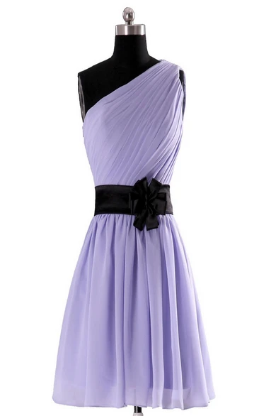 One-shoulder Pleated Chiffon Short Dress With Floral Band