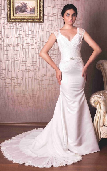 Sheath Lace V-Neck Cap-Sleeve Floor-Length Satin Wedding Dress