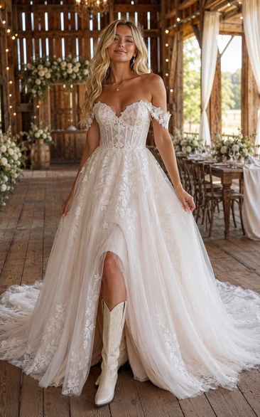 Off-the-Shoulder A-Line Lace Country Wedding Dress with Split Front and Chapel Train