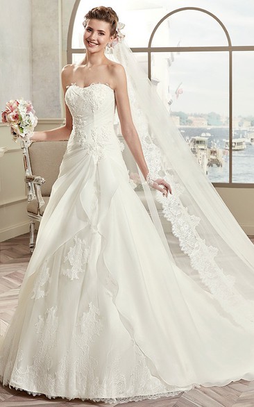 Strapless Lace Long Wedding Dress With Asymmetrical Ruffles And Lace-Up Back