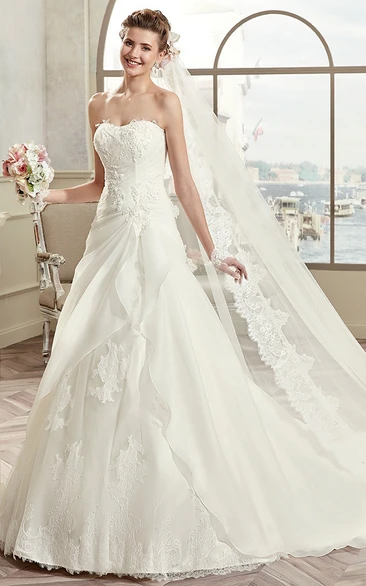 Strapless Lace Long Wedding Dress With Asymmetrical Ruffles And Lace-Up Back