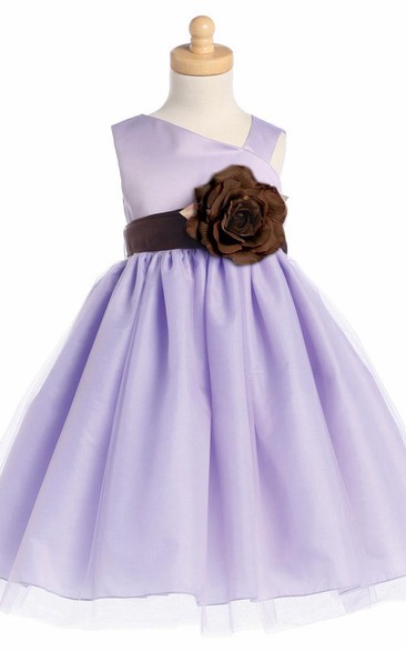 Tea-Length Tiered Floral Tulle&Satin Flower Girl Dress