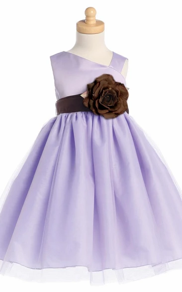 Tea-Length Tiered Floral Tulle&Satin Flower Girl Dress