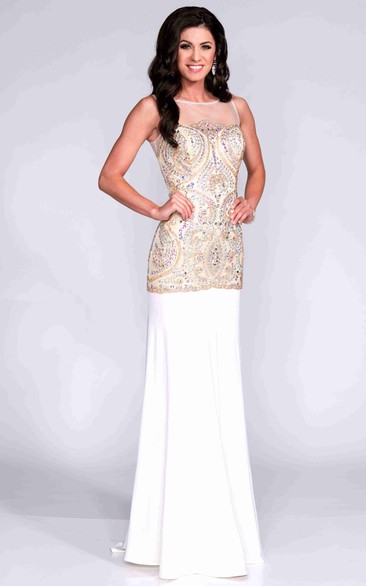 Keyhole Back Beaded Bodice Sheath Jersey Prom Dress With Dropped Waistline