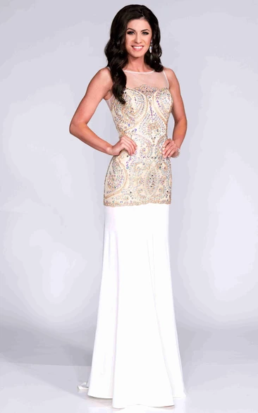 Keyhole Back Beaded Bodice Sheath Jersey Prom Dress With Dropped Waistline