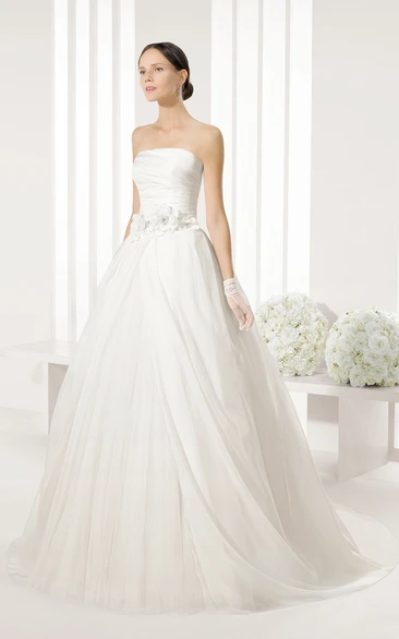 Floral Waistbtulle Top-Ruched Gown With Lace Cape
