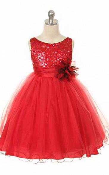 Floral Tea-Length Floral Sequins&Satin Flower Girl Dress With Ribbon