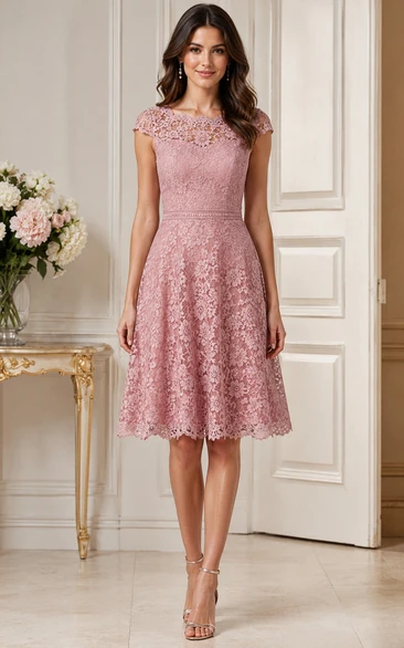 Dusty Rose Lace Knee-Length Cap Sleeve Formal Dress