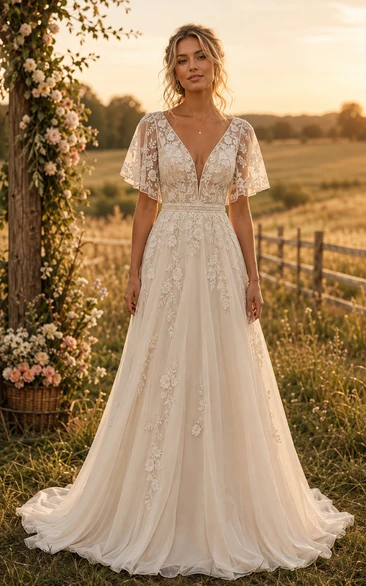 Flutter Sleeve V-Neck A-Line Lace Country Wedding Dress with Low Back and Train