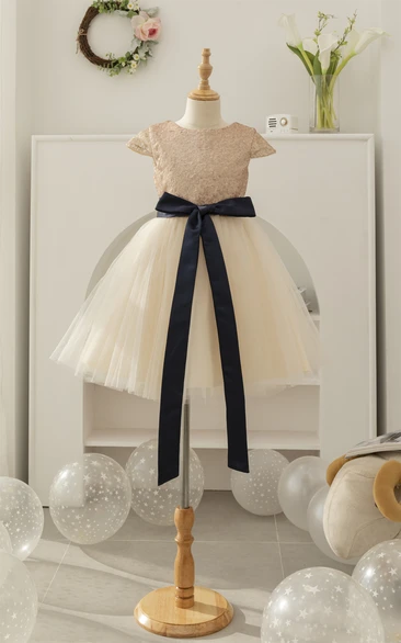 Cap Sequin Tulle Skirt A-line Flowergirl Dress with Ribbon Bow